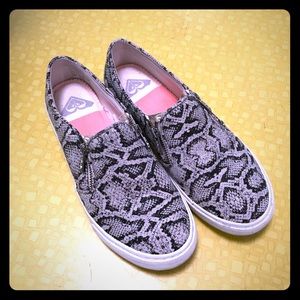 Roxy snake skin print slip-ons.